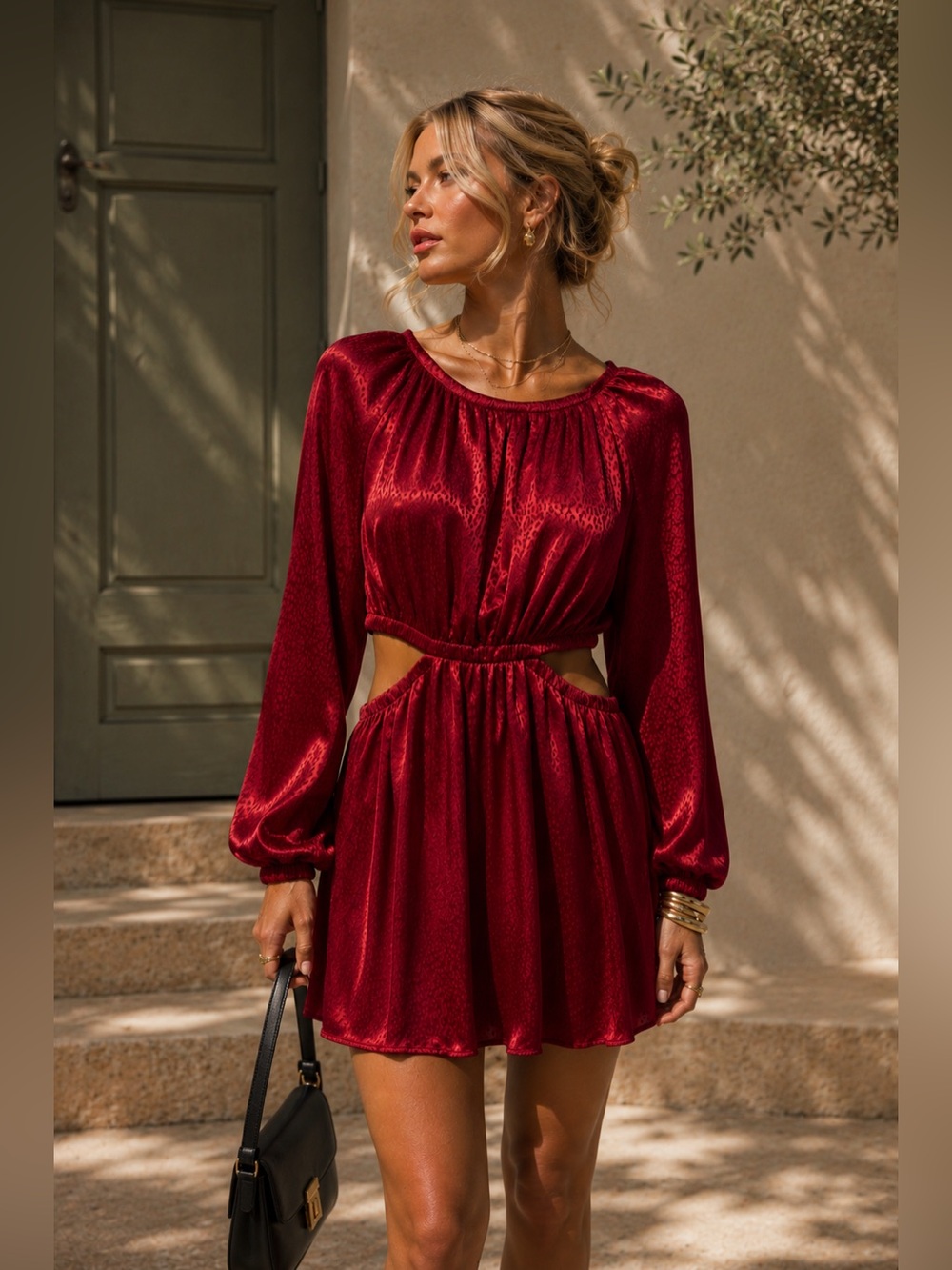 Speechless Satiny Long Sleeve Cutout Waist Mini Dress‎ in Ruby Red - M